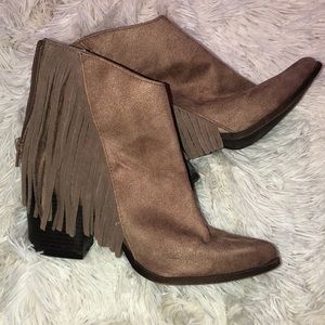 Tan suede fringe booties